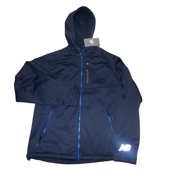 New Balance Other - New Balance Mens Softshell Hooded Jacket Navy MED Full Zip Reflective Logo NEW